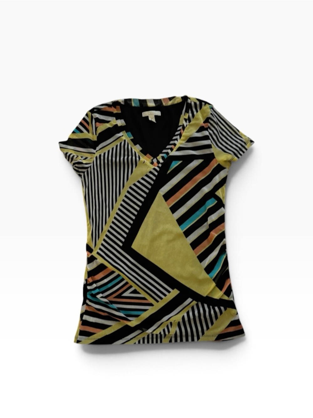 Dana Buchman Geometric V-Neck Top in Black, Yellow and Teal